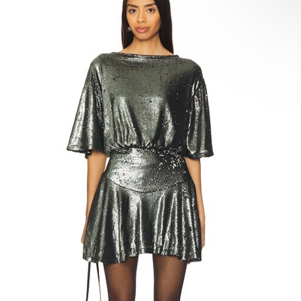 Free People Manuka Sequin Mini Dress Shimmering pewter silver party Revolve L